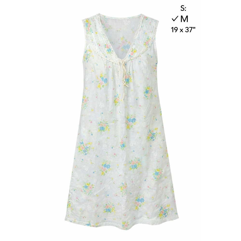 Vintage Floral Sleeveless Nightgown Dress White Cottagecore Women M 19x37